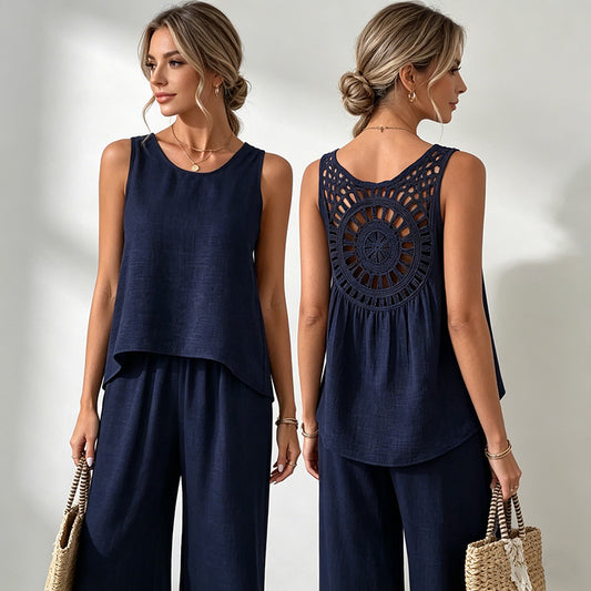 ❤️50% de descuento💥【40-100 kg】Nuevo conjunto de pantalón largo floral con espalda descubierta de color liso para mujer 2026 ✅️Pago contra entrega