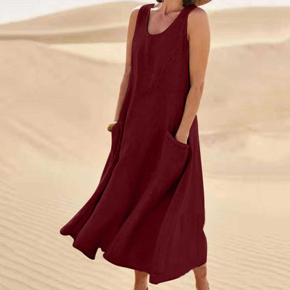 🌈👗【S-5XL】Lato 2025, nowa, elegancka, jednokolorowa sukienka bez rękawów z okrągłym dekoltem, wykonana z bawełny i lnu.