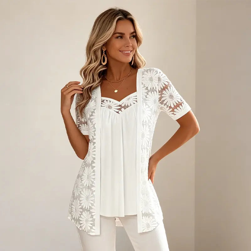 👚 Elegancka bluzka 2 w 1 z koronką i wstawkami z siateczki — wyszczuplający krój maskujący okolice talii; dostępna w 5 kolorach i rozmiarach od S do 4XL! 🌸✨