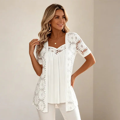 👚 Elegancka bluzka 2 w 1 z koronką i wstawkami z siateczki — wyszczuplający krój maskujący okolice talii; dostępna w 5 kolorach i rozmiarach od S do 4XL! 🌸✨