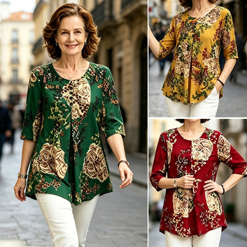 🌸【Oferta -50% por tiempo limitado】Blusa elegante con estampado floral premium – corte holgado y máxima comodidad