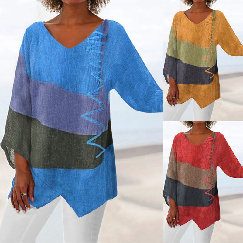 🍁 【S–4XL】Blusa de lino holgada con cuello en V y mangas largas para mujer – Nueva colección 2026 ✨-E