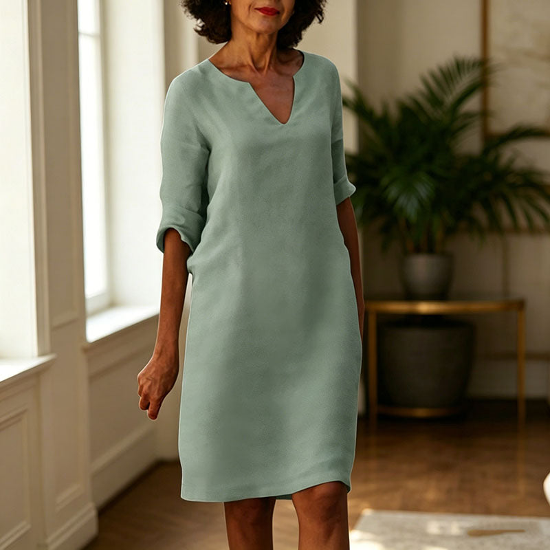 👗【S-3XL】Vestido vintage de lino y algodón con cuello en V, cintura alta, empalmes y mangas 3/4 lisas; tejido transpirable, lavable y resistente a las arrugas.