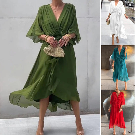 💟✨【S-5XL】2025 Wiosna Nowy Styl Jednolity Kolor Rękaw Nietoperz Koronka Szyfon Moda Elegancka Sukienka Codzienna