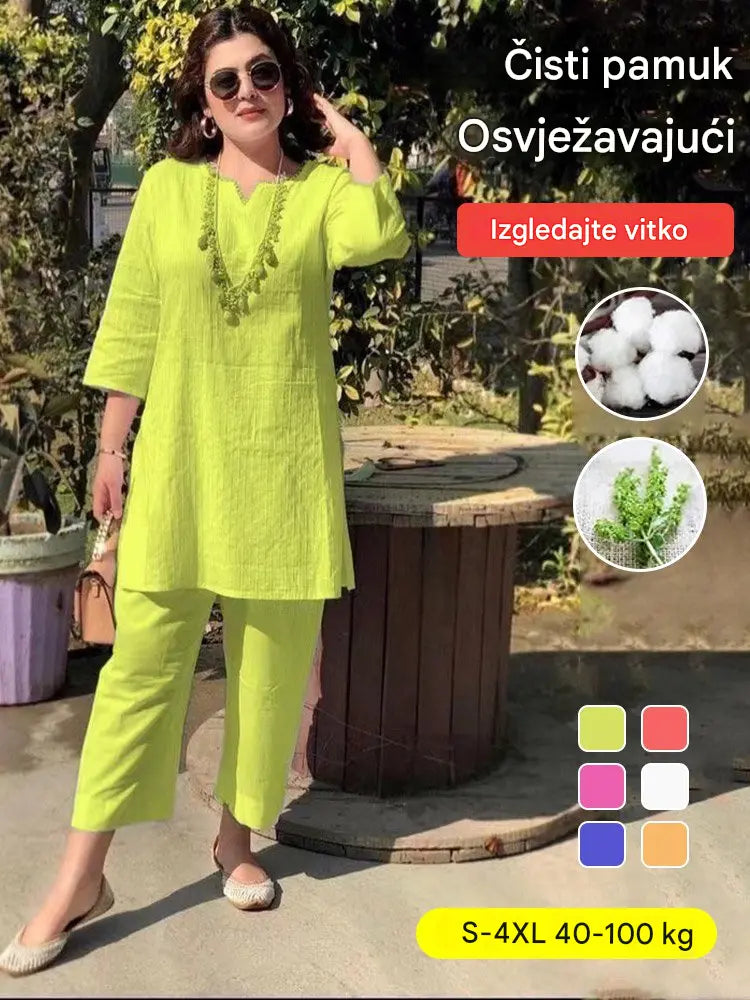 ✨【S-5XL】Novi ženski stilski i elegantni dvodijelni set u jednoj boji, izrađen od udobne i prozračne pamučne i lanene tkanine.