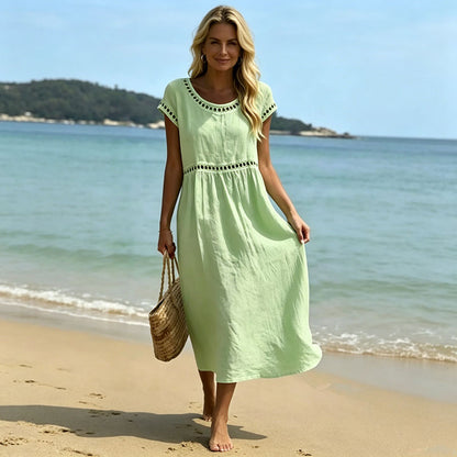 【Producto nuevo, 50% de descuento por tiempo limitado hoy!!】💎Alta calidad 2026💎【S-3XL】Vestido casual y elegante de algodón y lino con cuello redondo y bordado, transpirable, suave y cómodo