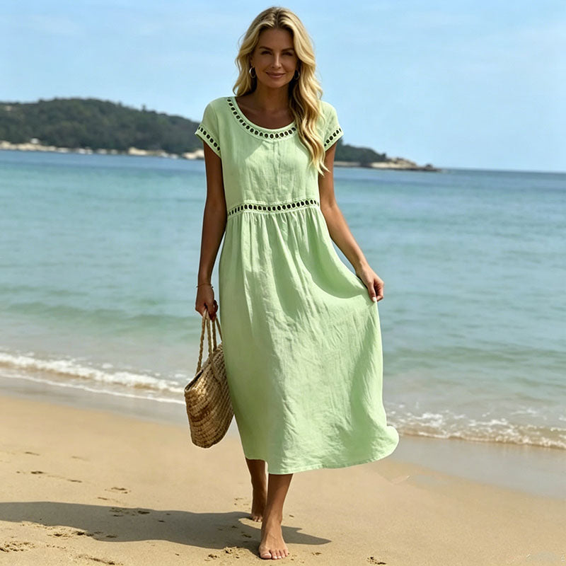 【Producto nuevo, 50% de descuento por tiempo limitado hoy!!】💎Alta calidad 2026💎【S-3XL】Vestido casual y elegante de algodón y lino con cuello redondo y bordado, transpirable, suave y cómodo