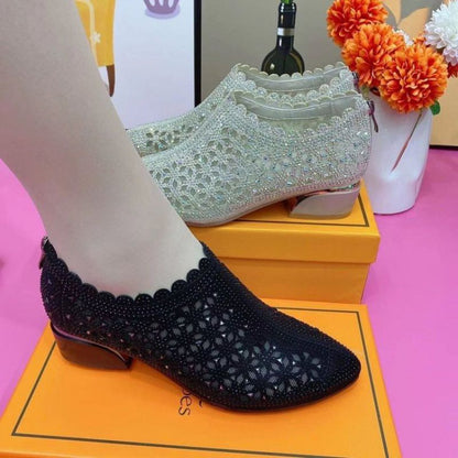 Damskie buty na grubym obcasie, wygodne, w europejskim i amerykańskim stylu, z siateczki, z kryształkami, ze spiczastym noskiem, buty robocze w koreańskim stylu