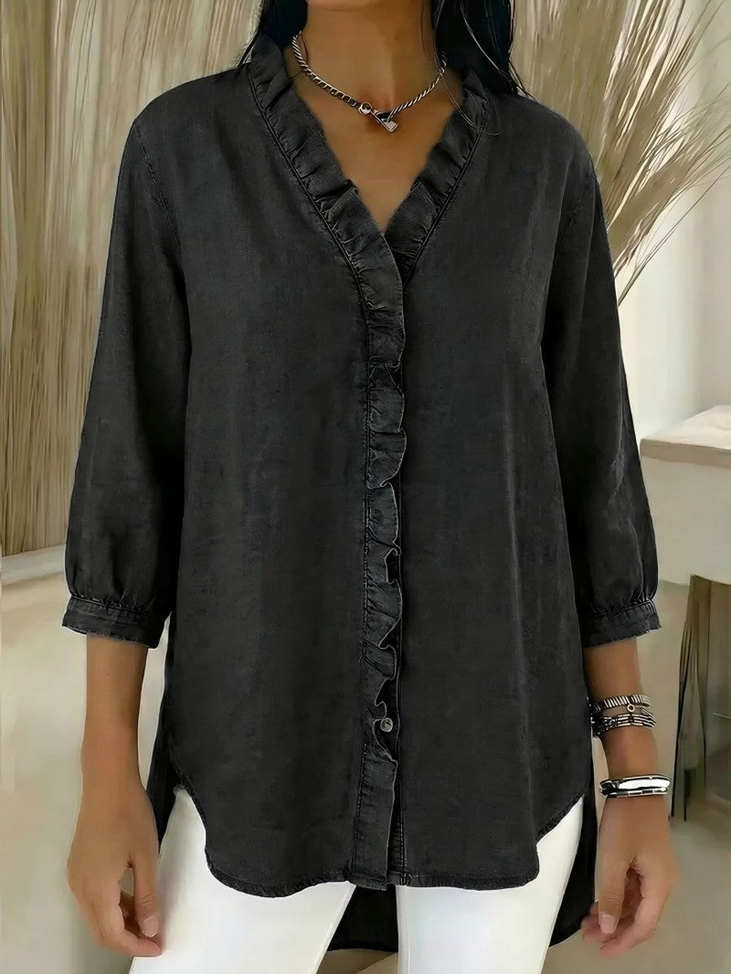 🔥 Platba na dobierku ✅️【40-100kg】Dámska ležérna džínsová košeľa s výstrihom do V a volánikmi