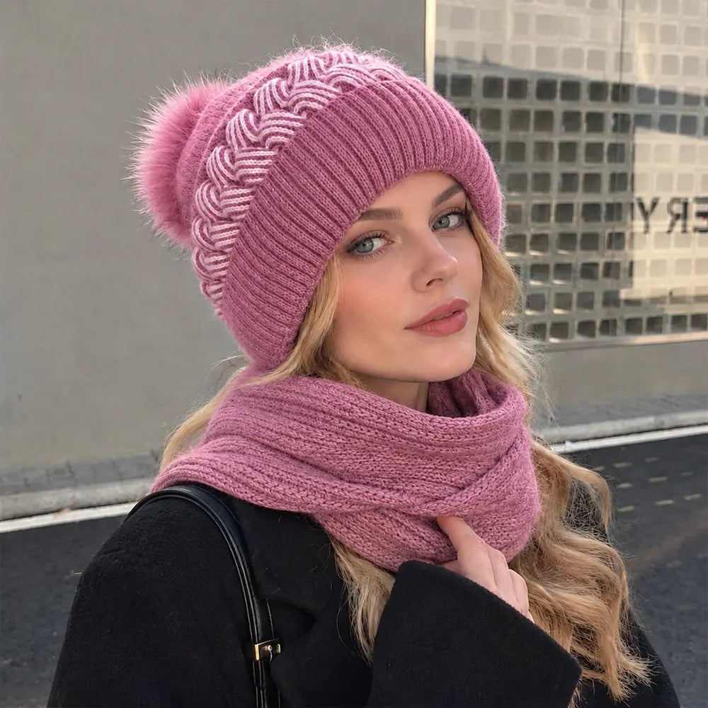 ❄️ Damska czapka zimowa z szalikiem i nausznikami | Ciepły zestaw dzianinowy 3 w 1