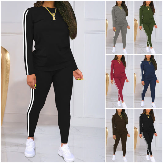 🔥🍁Plačilo ob dostavi🍂 Ženski črtast dvodelni komplet, majica z dolgimi rokavi v kombinaciji s hlačami. Ležeren, eleganten in udoben, idealna izbira za vsakodnevno nošenje na prostem.