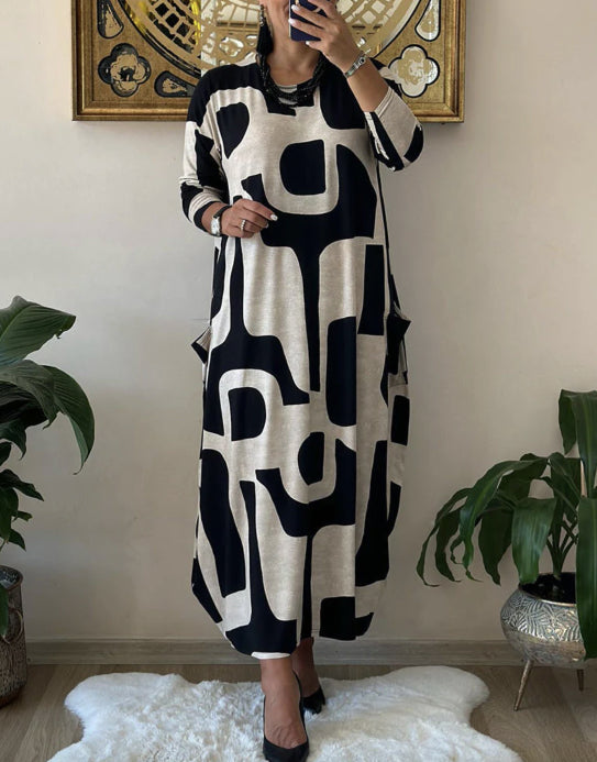 🔥🥰【S-3XL】Casualowa sukienka z okrągłym dekoltem i długą spódnicą z długim rękawem i nadrukiem