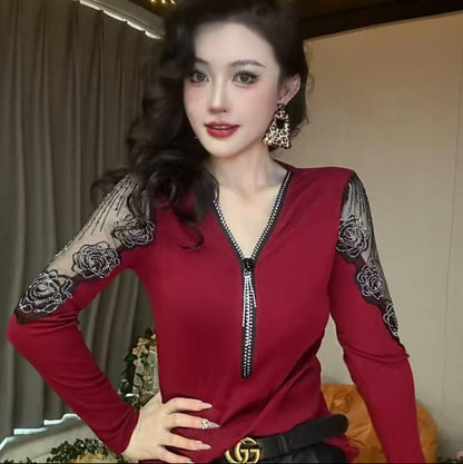 🔥Cămașă cu mâneci lungi, cu fermoar, cu decolteu în V, sexy, trandafir nou