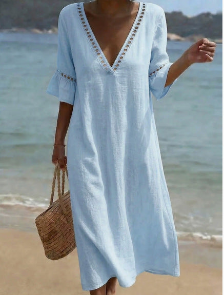 💥【50% off en nuevos productos!!】🌸Vestido mujer 2026 primavera verano, algodón y lino, cuello V con encaje✅Pago al recibir