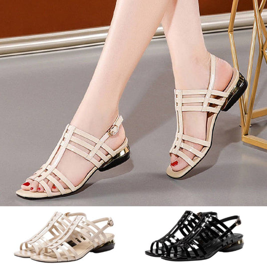 👡【35-41】2025 nowe płaskie sandały na niskim obcasie, damskie lakierowane skórzane, wydrążone letnie damskie modne sandały rzymskie