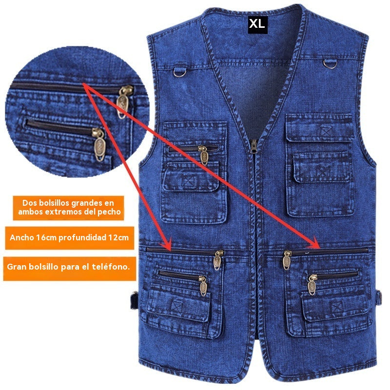 🧥【50% off, pago contra reembolso】【XL-7XL】2026 Chaleco vaquero multibolsillos para hombr
