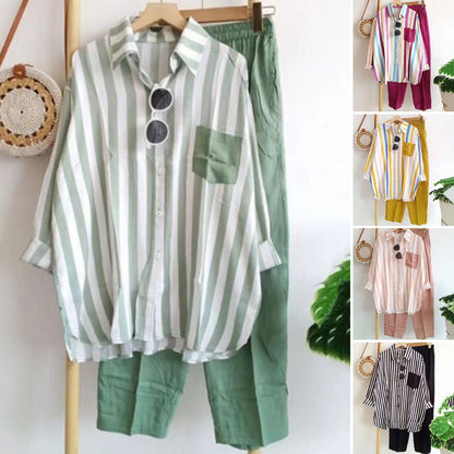 ✨🌸【S-5XL】Нов пролетен комплект от две части на райета, топ с дълъг ръкав и панталон.