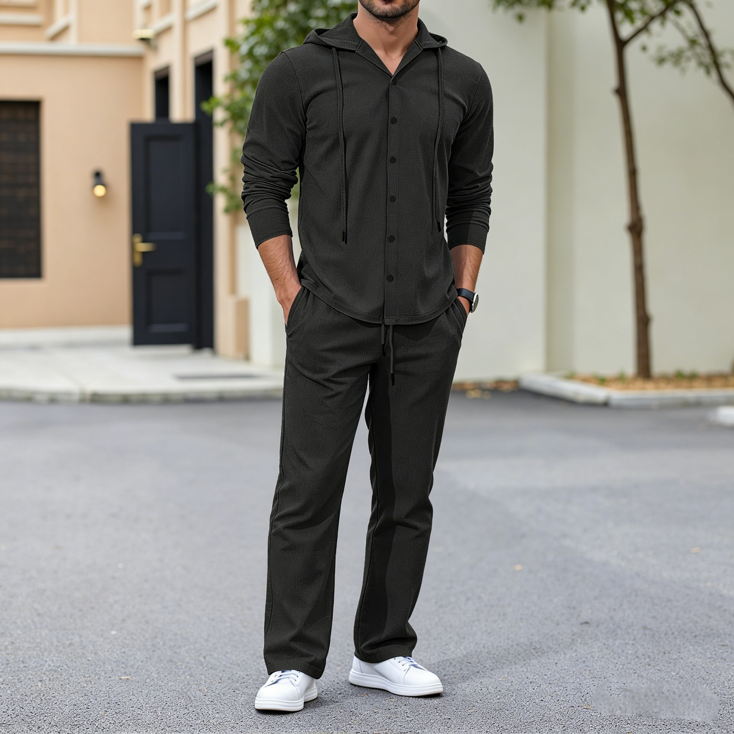 🔥【50% descuento】👕👕【S-3XL】Nuevo conjunto hombre 2026 de lino holgado con capucha manga larga (camisa con botones + pantalón)
