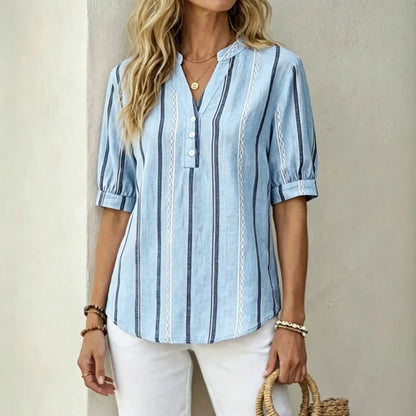🔥👚 【50% de descuento】✨🎉Camisa de verano de manga corta de algodón y lino a rayas, tejido transpirable.