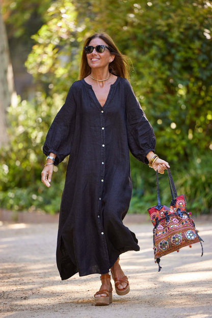 💃 50% de descuento🔥 Vestido camisero largo para mujer con escote en V, confeccionado en algodón y lino, disponible en tallas grandes ✅️Pago contra entrega