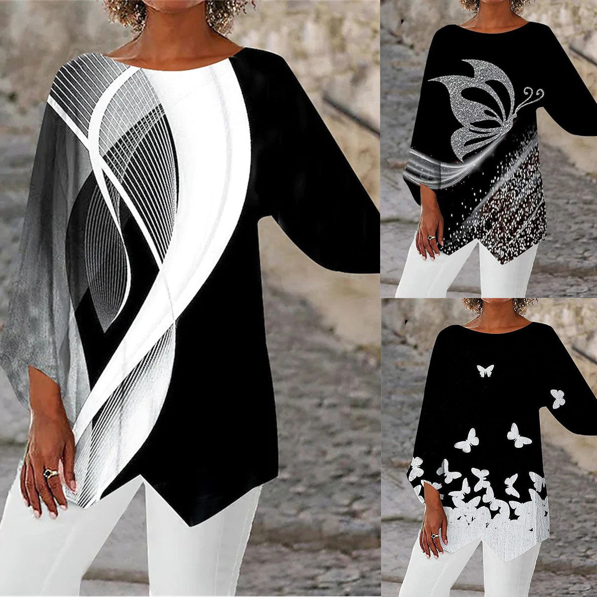 🌹[S-5XL][40-100kg] 2025 nowa koszula z długimi rękawami i okrągłym dekoltem z nadrukiem