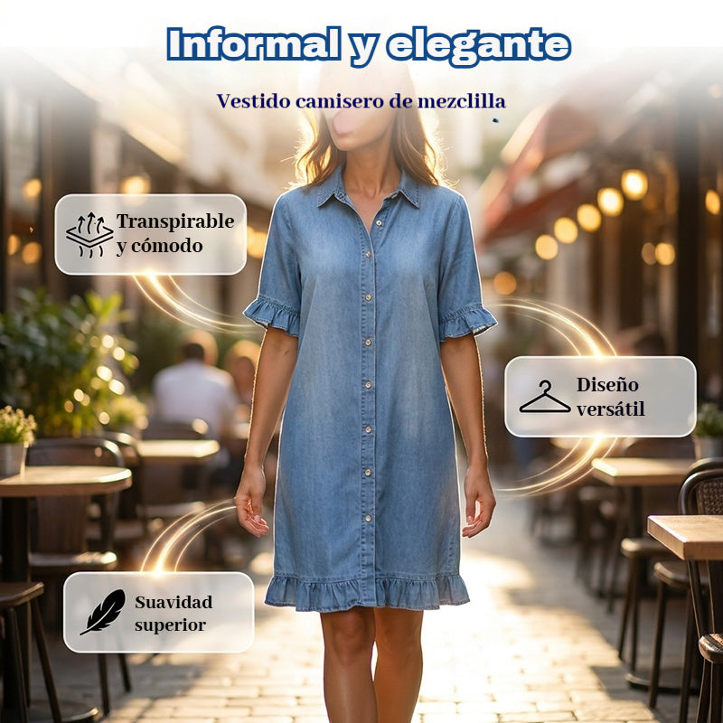 👔50% de descuento🔥【40-120 kg】Vestido camisero de mezclilla con corte amplio y volantes ✅Pago contra entrega