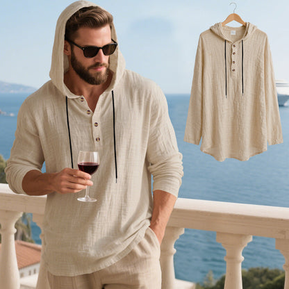 👔50% de descuento🏆【40-100kg】Camisa Henley de manga larga con capucha, transpirable y de lino para hombre, de corte holgado, ideal para la playa.✅Pago contra entrega