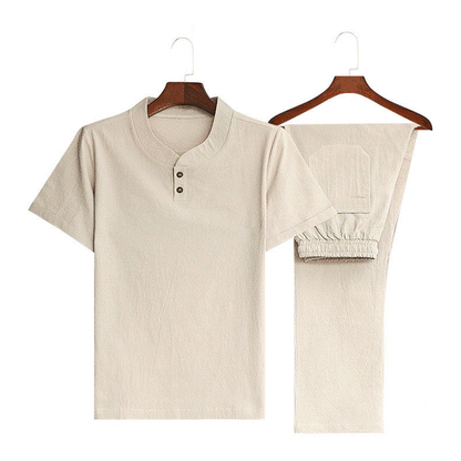 🔥Codzienny, dwuczęściowy komplet z bawełny i lnu, z dekoltem w kształcie litery V i spodniami-3672299