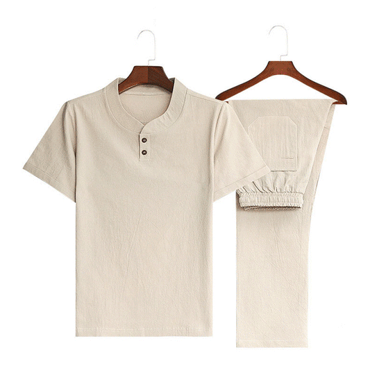 🔥Codzienny, dwuczęściowy komplet z bawełny i lnu, z dekoltem w kształcie litery V i spodniami-3672299