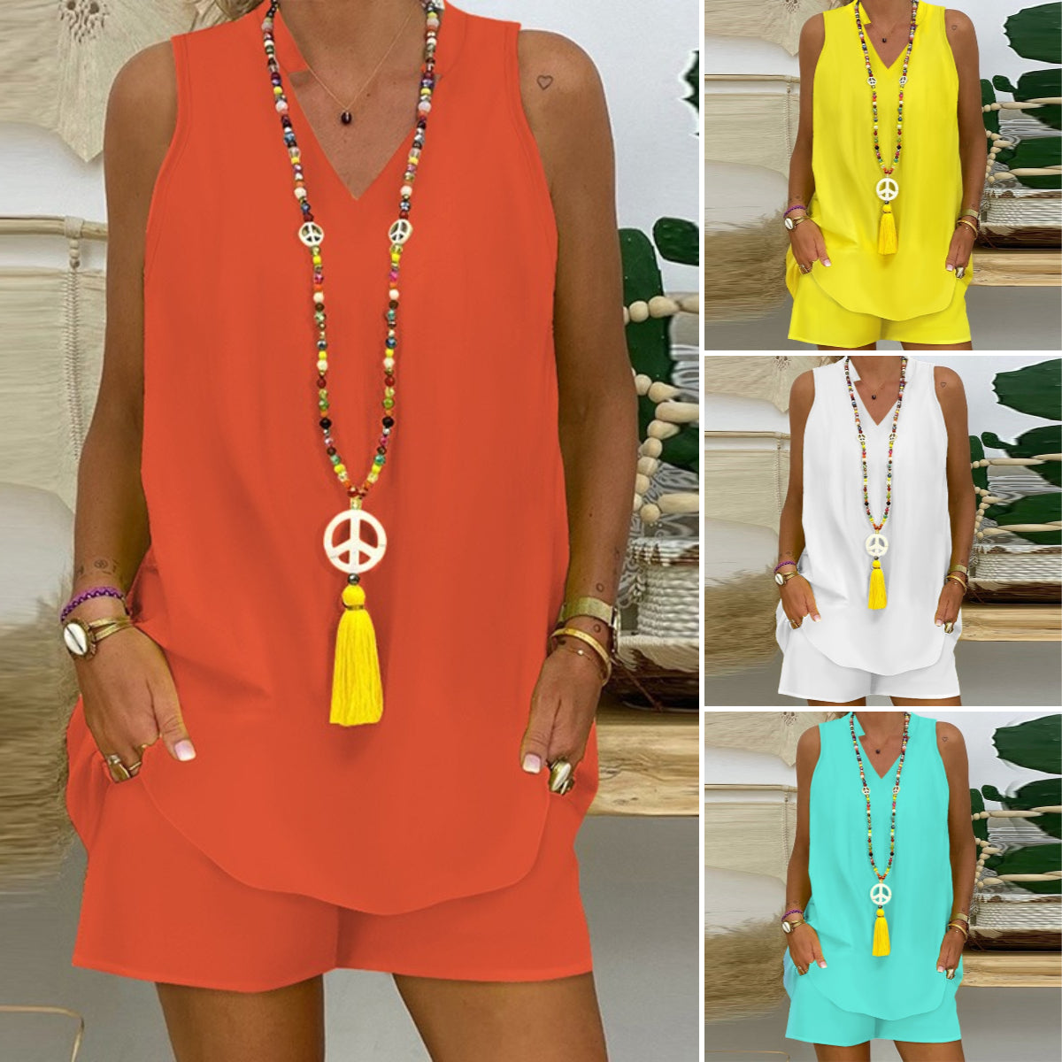 💗 【Kamizelka + Szorty】✨【S-5XL】2025 Lato Nowy Moda Swobodny Prosty Jednolity Kolor Bez Rękawów Garnitur