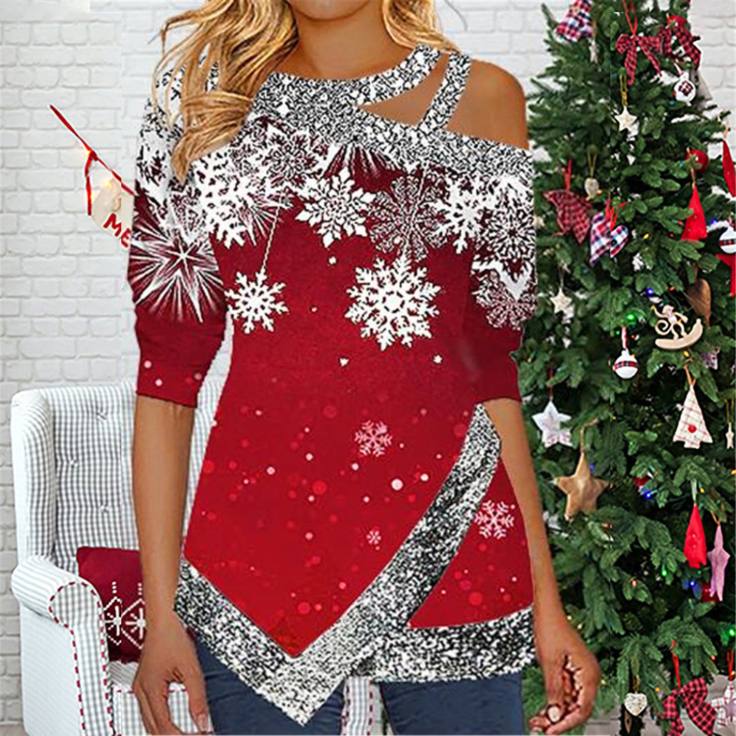 🎄🌸🎄【Promocja】🔥Nowy świąteczny top z długim rękawem i łączonym dekoltem na 2025 rok