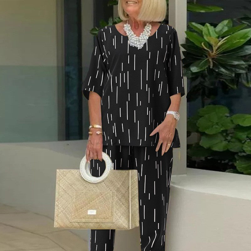 💕【S-5XL】2025 Modny temperament Paski Okrągły Dekolt Pięciopunktowy Rękaw Luźny Dwuczęściowy Garnitur [Góra + Spodnie]