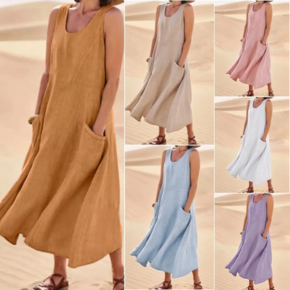 🌈👗【S-5XL】Nova elegantna jednobojna haljina bez rukava s okruglim izrezom od pamuka i lana za ljeto 2026.