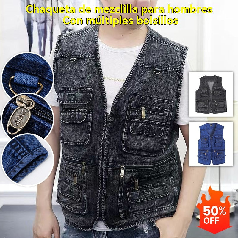 🧥【50% off, pago contra reembolso】【XL-7XL】2026 Chaleco vaquero multibolsillos para hombr