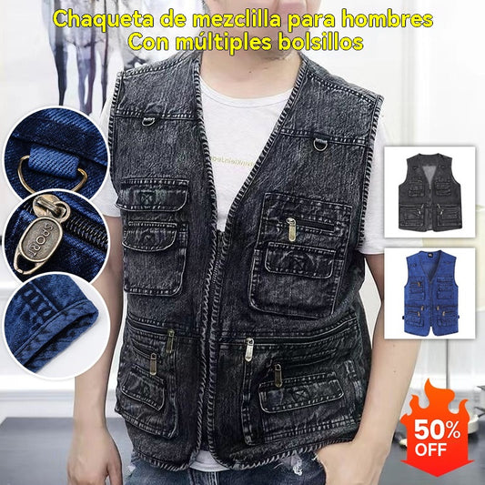 🧥【50% off, pago contra reembolso】【XL-7XL】2026 Chaleco vaquero multibolsillos para hombr