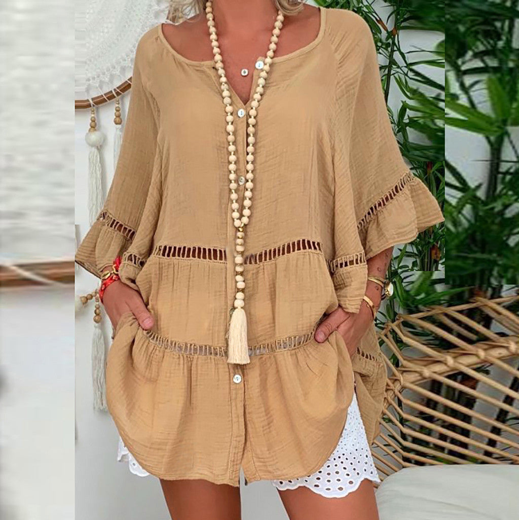 [S-5XL]Blusa de mujer en algodón y lino con un diseño holgado de cuello en V.