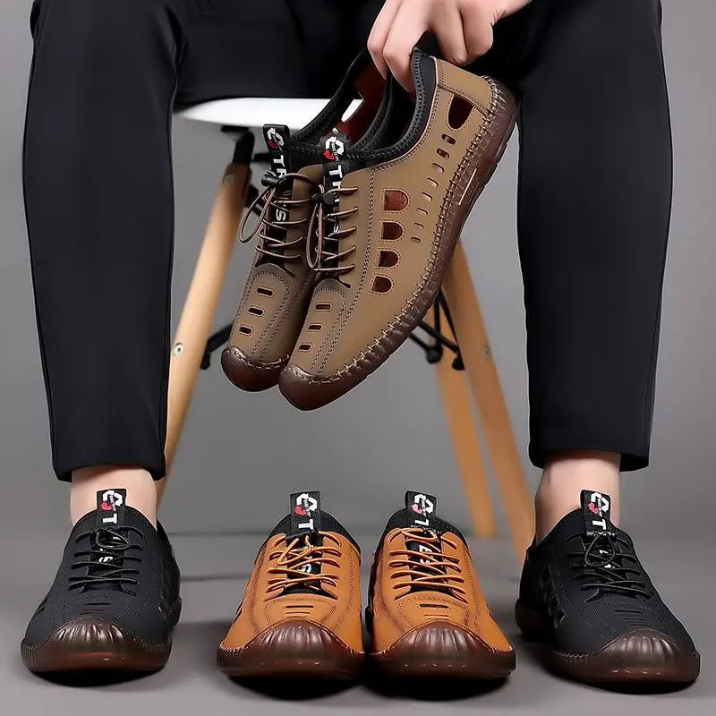 Ograniczona ilość【Rozmiary 39-44】Męskie buty codzienne z wydrążoną, oddychającą i antypoślizgową cholewką z prawdziwej skóry