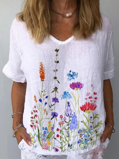 💐【Kup 1 dostań 1 za darmo】👕【S-5XL】🌈T-shirt z krótkim rękawem i bawełnianą lnianą nadrukiem w kwiaty