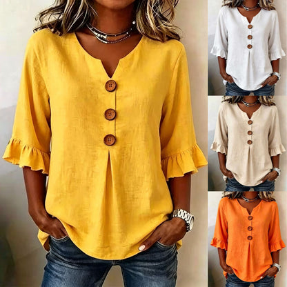 🔥【S-3XL】 Nueva camisa de mujer con cuello en V y volantes, mezcla de algodón y lino, cierre de botones: simple y elegante.