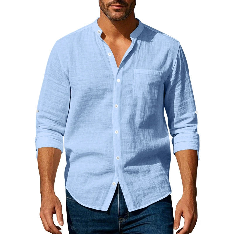 👔50% de descuento🔥【40-100kg】Camisa informal de lino para hombre, manga larga, cuello alto, tejido transpirable. ✅Pago contra entrega