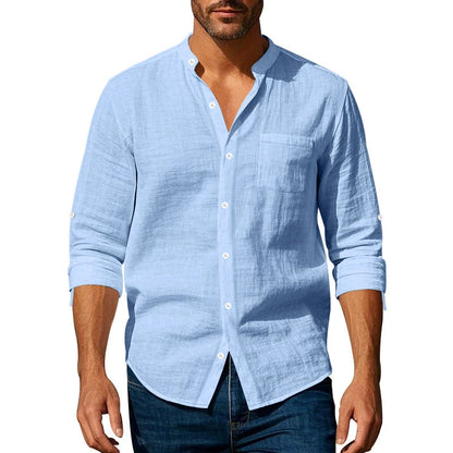 👔50% de descuento🔥【40-100kg】Camisa informal de lino para hombre, manga larga, cuello alto, tejido transpirable. ✅Pago contra entrega