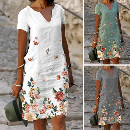 🌺【S-3XL】 Letnia bawełniana i lniana prosta sukienka z dekoltem w serek, krótkimi rękawami z nadrukiem motyli i kwiatów