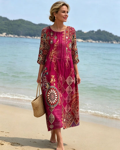【S-5XL】Nuevo vestido estampado de cuello redondo holgado 2026, corte favorecedor que estiliza la figura