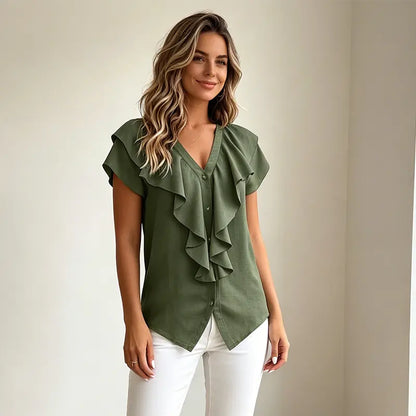 ✨✨Elegante blusa de verano para mujer con escote en V – Camisa informal con volantes y botones, material suave, transpirable y fresco.✅️Pago contra entrega