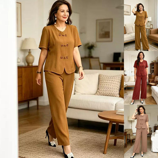 🔥【Oferta limitada al 50%】🔥Conjunto casual y elegante para mujer de tejido ligero, con botones decorativos y pantalón vaporoso
