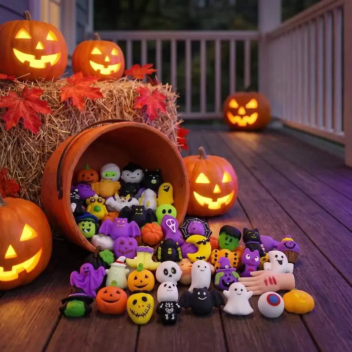 🎃 Hračky na odbúranie stresu s halloweenskou tematikou – rozkošné tekvice a bábiky v tvare duchov