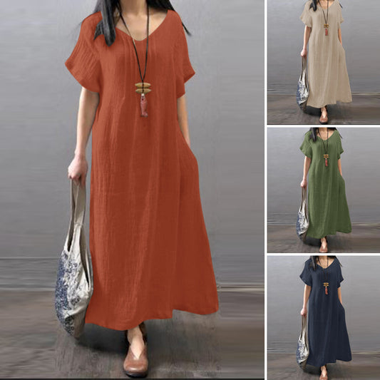 🔥👗【Wyprzedaż✨】【S-5XL】Letnia, swobodna sukienka z bawełny i lnu, luźna i swobodna z kieszeniami