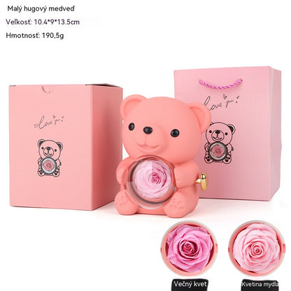 ✨Rozkošný plyšový medvídek s konzervovanými růžemi - Medvídek ozdobený pravými růžemi, zabalený v nádherné dárkové krabičce - romantický dárek.