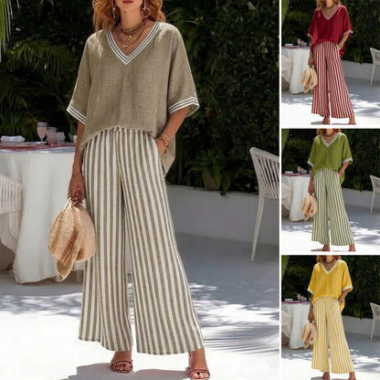 💐【S-4XL】Conjunto clásico a rayas de algodón y lino (top + pantalones)