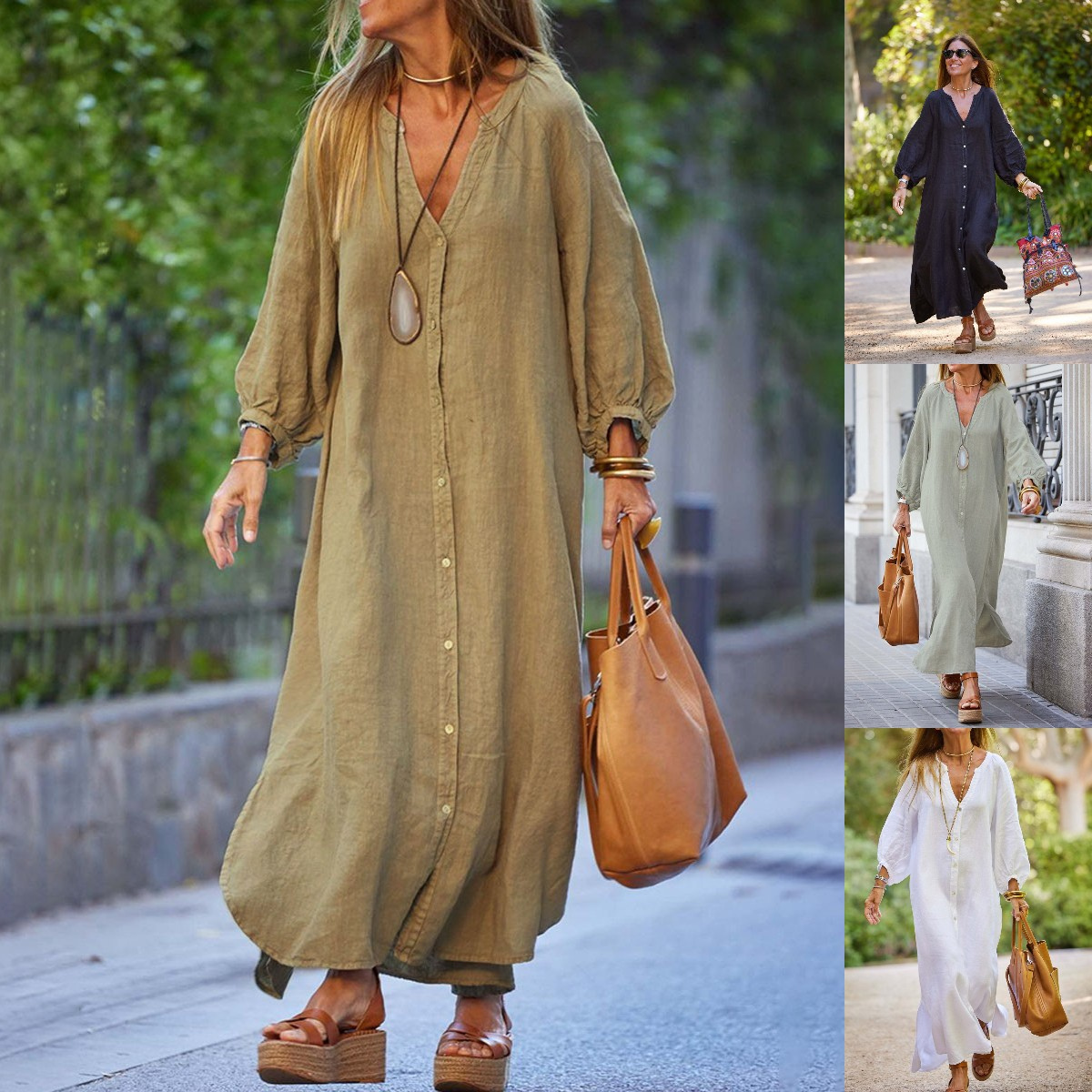 💃 50% de descuento🔥 Vestido camisero largo para mujer con escote en V, confeccionado en algodón y lino, disponible en tallas grandes ✅️Pago contra entrega